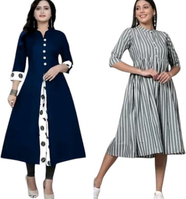 Texpamz Women Striped A-line Kurta(Blue, Grey)