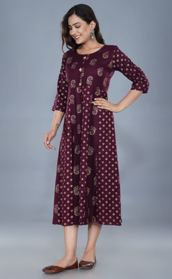 ASHISH PRINT Women A-line Purple, Beige Midi/Calf Length Dress