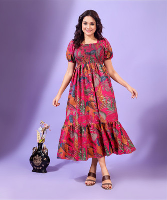 Deklook Women Fit and Flare Pink Midi/Calf Length Dress
