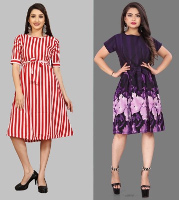 maruti fab Women Fit and Flare Purple, Red Dress