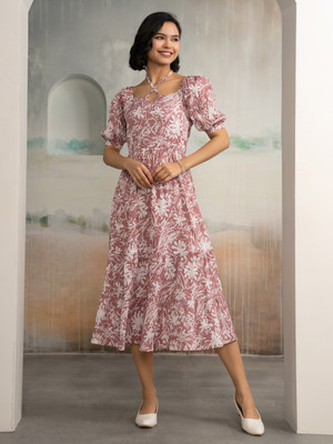 AASK Women Fit and Flare Pink, White Midi/Calf Length Dress