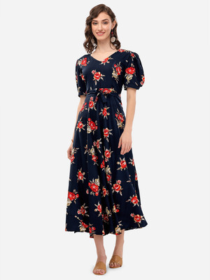 EDISHNAL Women Fit and Flare Blue Midi/Calf Length Dress