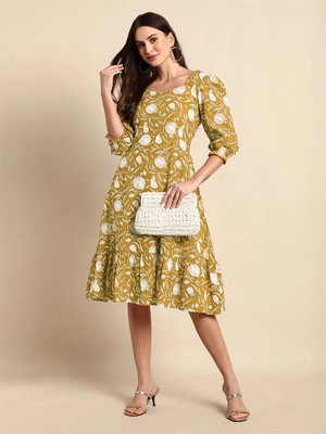 Janasya Women A-line Yellow Midi/Calf Length Dress