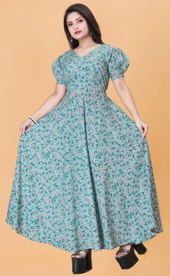 QUEUEE CREATION Women Fit and Flare Light Blue Maxi/Full Length Dress
