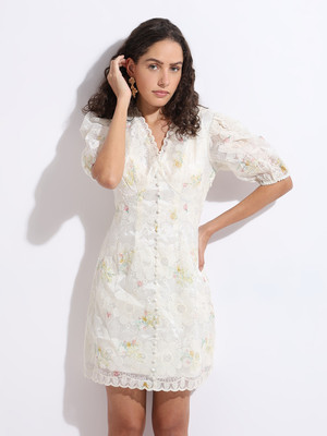 VERO MODA Women Fit and Flare Beige Above Knee/Mid Thigh Length Dress
