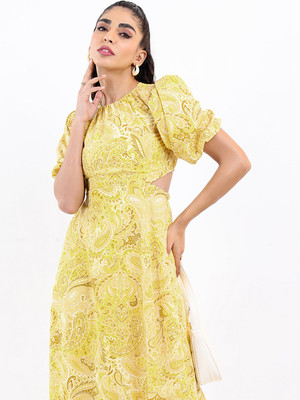 Tokyo Talkies Women Fit and Flare Yellow Midi/Calf Length Dress