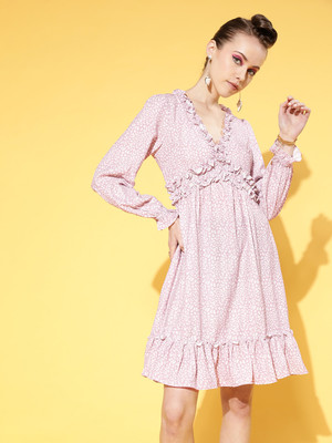ATHENA Women Fit and Flare Pink, White Above Knee/Mid Thigh Length Dress