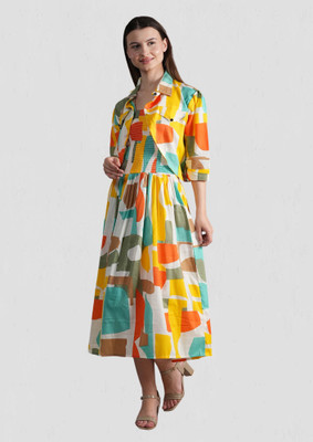 METRONAUT Women Fit and Flare Yellow Below Knee Dress