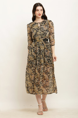 SQEW Women Fit and Flare Black, Beige Midi/Calf Length Dress