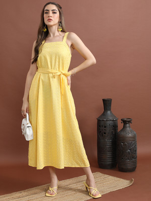 Vishudh Women A-line Yellow Midi/Calf Length Dress