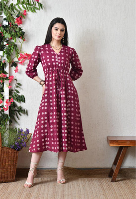 KALINI Women Fit and Flare Pink Midi/Calf Length Dress