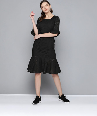 SASSAFRAS Women Fit and Flare Black Midi/Calf Length Dress