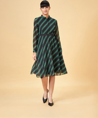 Annabelle by Pantaloons Women A-line Black, Light Green Midi/Calf Length Dress