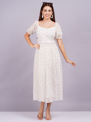 Highlight fashion export Women Fit and Flare White Midi/Calf Length Dress