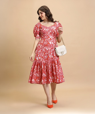 Tokyo Talkies Women Tiered Red, Orange, White Midi/Calf Length Dress