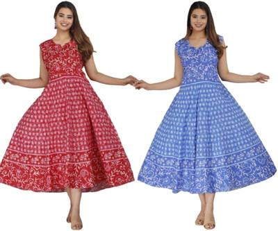 Namokar Enterprises Women Fit and Flare Red, Light Blue, White Midi/Calf Length Dress