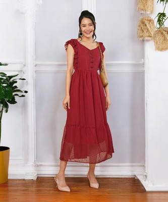 Cartyshop Women Fit and Flare Maroon Below Knee Dress
