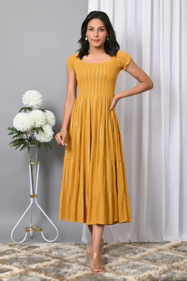 VYMO Women Fit and Flare Yellow Midi/Calf Length Dress