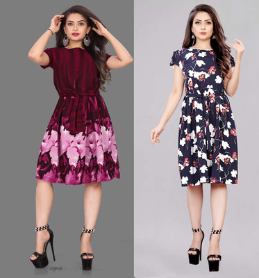 Hiral Creation Women Fit and Flare Pink Knee Length Dress