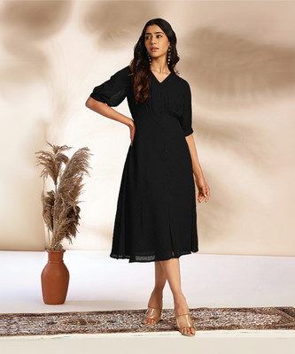 Janasya Women A-line Black Midi/Calf Length Dress