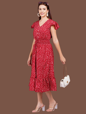 JC4U Women Fit and Flare Red Midi/Calf Length Dress