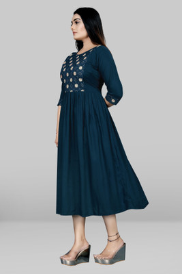 ShopGlobal Women A-line Blue Midi/Calf Length Dress
