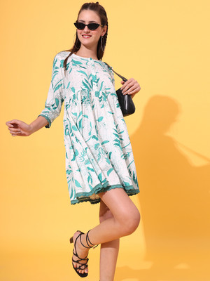 Gulabi Leaf Women A-line Green, White Above Knee/Mid Thigh Length Dress