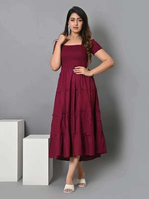 VYMO Women Fit and Flare Purple Midi/Calf Length Dress