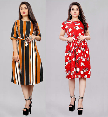 Modli 20 Fashion Women Fit and Flare Yellow Below Knee Dress