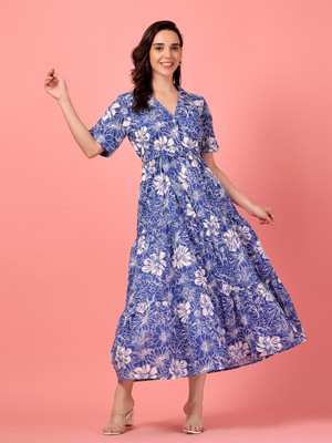 Gulabidress Women A-line Blue, White Midi/Calf Length Dress