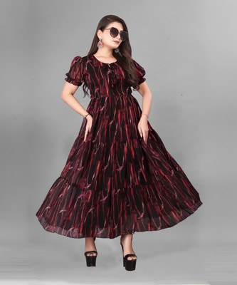 ANTRA Women Fit and Flare Maroon Maxi/Full Length Dress