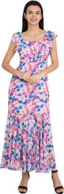 Midnoon Women Fit and Flare Multicolor Ankle Length Dress