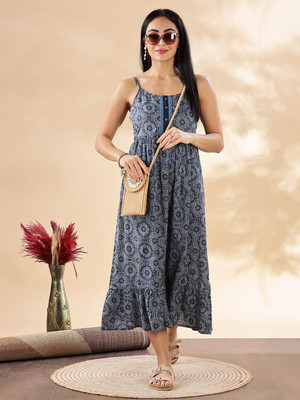 ANOUK Women Fit and Flare Blue Midi/Calf Length Dress