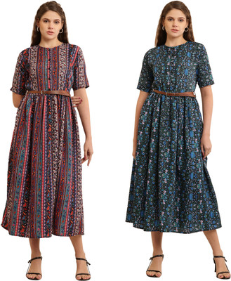 HEAVENS CREATIONS Women Fit and Flare Multicolor Midi/Calf Length Dress