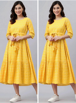 ASHISH PRINT Women A-line Yellow Midi/Calf Length Dress