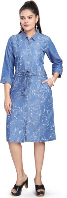 Aprika Women A-line Blue, White Dress