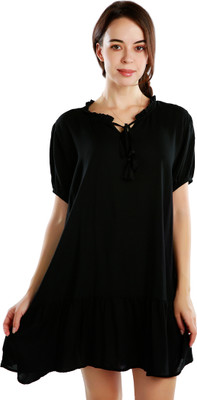 London Rag Women Fit and Flare Black Above Knee/Mid Thigh Length Dress