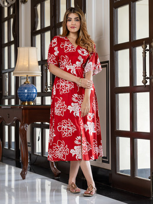 Jaitpuriya fashion Women Fit and Flare Red Midi/Calf Length Dress