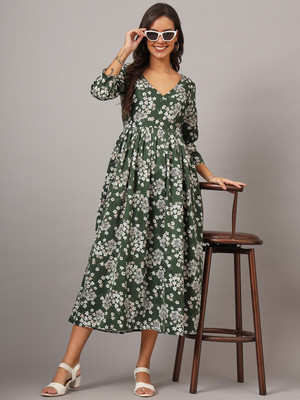 greet fashion Women Gathered Dark Green Midi/Calf Length Dress
