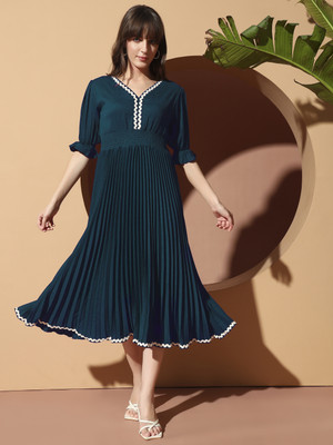 LookShine Women A-line Green Midi/Calf Length Dress
