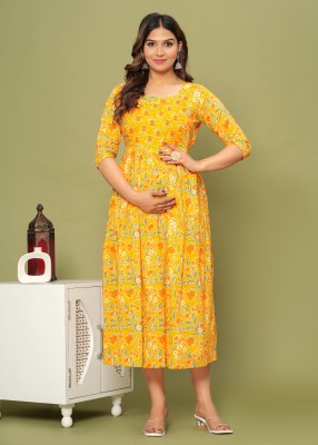 NITVAN Women Floral Print A-line Kurta(Yellow)