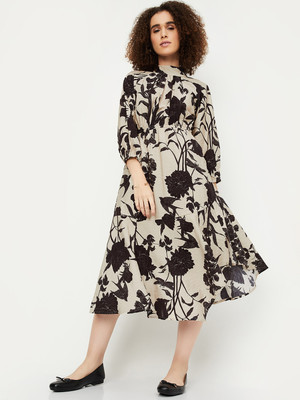 MAX Women Fit and Flare Beige Midi/Calf Length Dress