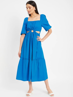 DRAPE AND DAZZLE Women A-line Blue Midi/Calf Length Dress