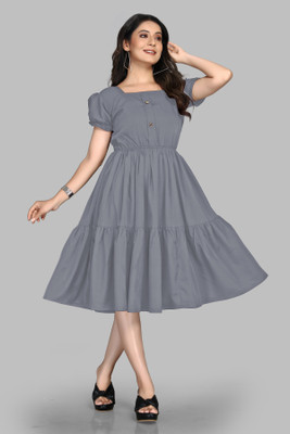 LEVIFIELD Women Fit and Flare Grey Midi/Calf Length Dress