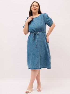 DressBerry Curve Women A-line Blue Midi/Calf Length Dress