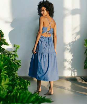 Styvibe Women Fit and Flare Blue Below Knee Dress