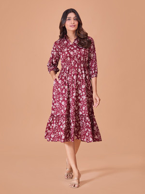 all about you Women Fit and Flare Multicolor Midi/Calf Length Dress
