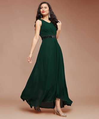 all about you Women Pleated Green Maxi/Full Length Dress