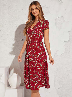 SYYNCRO Women A-line Red Midi/Calf Length Dress