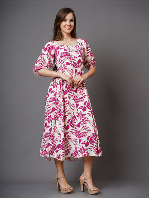 ADDYVERO Women Fit and Flare White, Pink Midi/Calf Length Dress